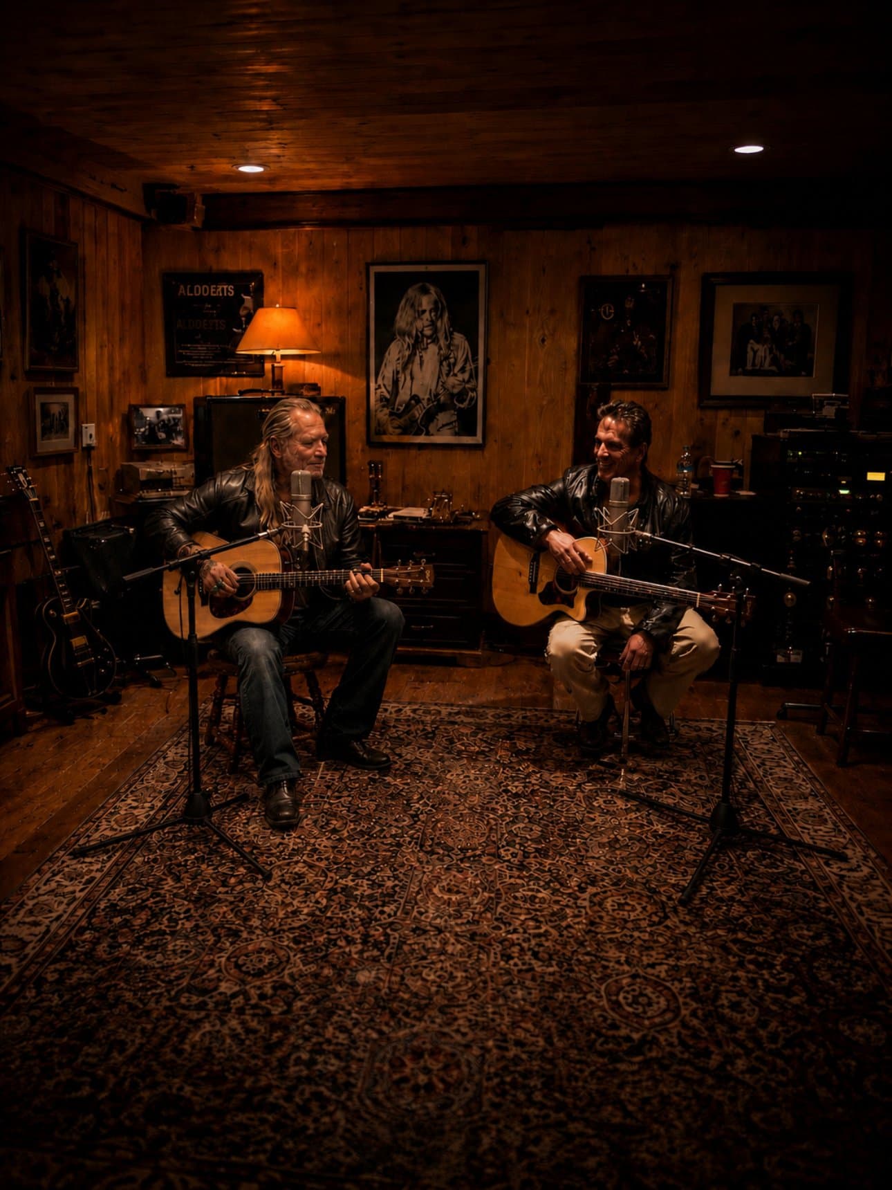 Mark DiPietro and Gregg Allman playing acoustic guitars in a wood-paneled studio room, Georgia 2013